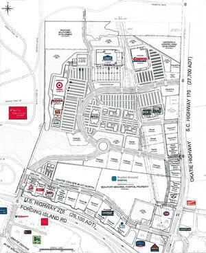 Site plans for Okatie Crossing at the intersection of U.S. 278 and S.C. 170 include stores like Costco, Lowe's, Target, Kohl's and Dick's Sporting Goods.-Horne Properties, Inc.