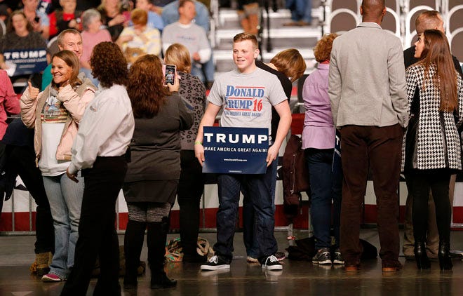 Supporters of presidential candidate Donald Trump gather at the Greater Columbus Convention Center ahead of his speech.