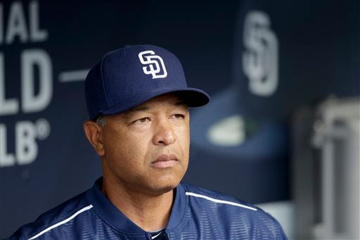 File- This June 15, 2015, file photo show San Diego Padres acting manager Dave Roberts looks on from the dugout before the Padres play the Oakland Athletics in a baseball game in San Diego. A person familiar with the decision has told The Associated Press that the Los Angeles Dodgers will name Roberts as their new manager. (AP Photo/Gregory Bull,File)