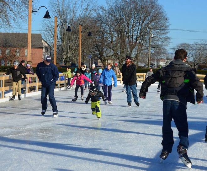 Residents and visitors glide around the Labrie Family Skate at Puddle Dock Pond at Strawbery Banke Museum in Portsmouth last season. It opens on Friday, Nov. 27, the day after Thanksgiving. Photo/Courtesy