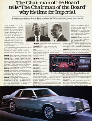 Cutline: Chrysler Imperial advertisement featuring two big name “chairmans of the board,” Lee Iacocca and Frank Sinatra. (Ad compliments of Chrysler Corporation).