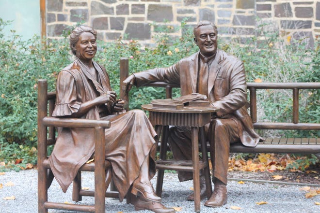 FDR and Eleanor enjoy a quiet moment in the cafe garden in Hyde Park New York. Sculpted in Brooklyn and based on a photo of the couple.