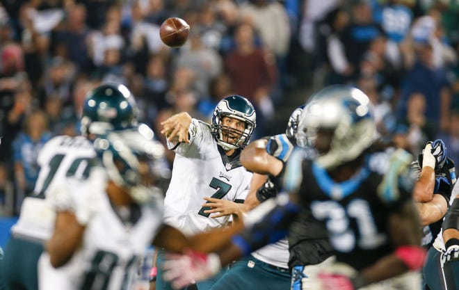 Philadelphia Eagles quarterback Sam Bradford (7) is holding out hope of starting on Thanksgiving after announcing on Tuesday that his concussion was gone, but his left shoulder is still experiencing discomfort but getting better each day.