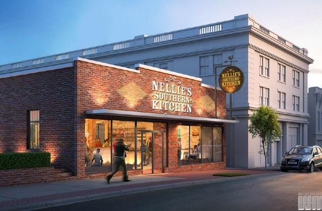 A rendering of the main entrance to Nellie's Southern Kitchen off Main Street.