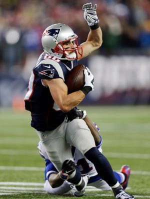 New England Patriots wide receiver Danny Amendola, above, was injured while replacing Julian Edelman, leaving Tom Brady with limited targets to throw to. (AP Photo/Charles Krupa)