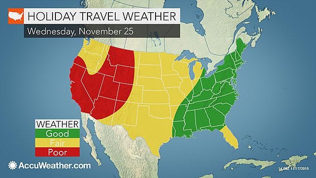Weather conditions will be good in the east and feature mild weather during the busy Thanksgiving travel period.