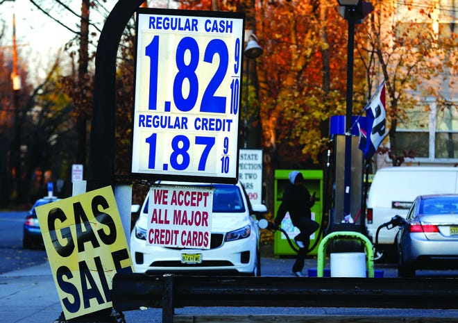 Gas prices are displayed at a service station in Leonia, New Jersey, on Tuesday, Nov. 24, 2015. With gas at its cheapest in seven years at Thanksgiving time, the number of travelers is expected to rise, with one traffic-tracking firm predicting delays could be noticeably longer than last year.