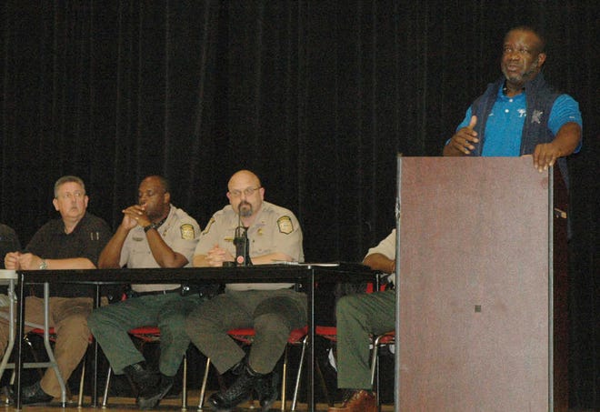 Jessicah Lawrence/Jasper County Sun Times Sheriff Greg Jenkins spoke to a small crowd last Wednesday at Ridgeland-Hardeeville High School, addressing the latest shootings in the county.