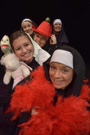 Chip Chandler / Amarillo Globe-News Sisters Robert Ann (Ronnie Brockett), from front, Mary Leo (Kelsey Kilburn), Mary Hubert (Emma Russell) and Mary Amnesia (Maddie Todd), along with Mother Superior (Shannon Mashburn), will be singing and dancing for a good cause in Amarillo Little Theatre's "Nunsense." The musical will open at 8 p.m. Thursday on the ALT Mainstage, 2019 Civic Circle.