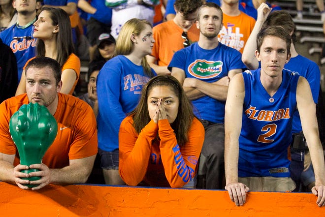 Gator fans hate the outcome during second half action as the Florida Gators take on the Florida State Seminoles at Florida Field in Gainesville, Florida on Saturday November 28, 2015. Gators lost 27-2. Alan Youngblood / Staff Photographer