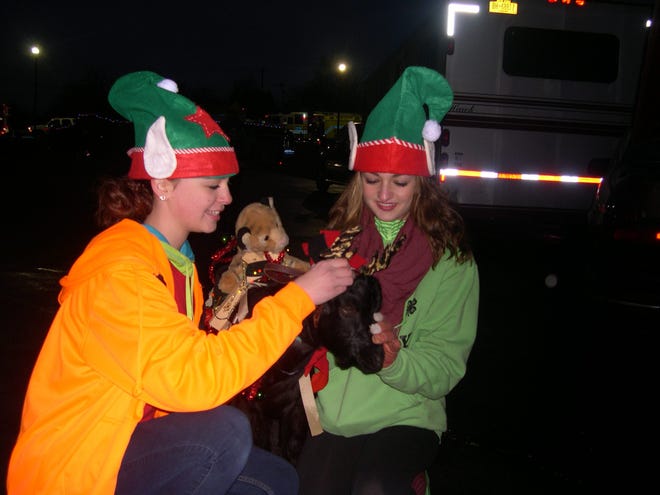 Sage Dimsey, left, of Pine Bush, and Mya Hebbard of Montgomery dressed "Chippy", the goat, in antlers for his appearance in the Town of Wallkill's Holiday Parade on Saturday. Richard J. Bayne/Times Herald-Record