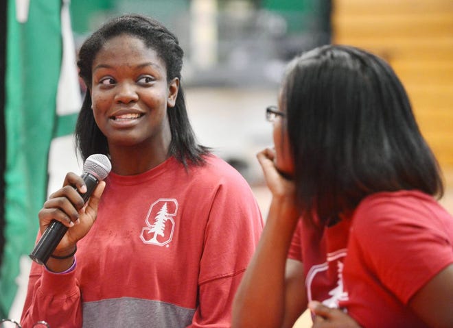 Choctaw senior Nadia Fingall, left, talks during her signing ceremony two weeks ago when she officially committed to the Stanford women's basketball team.