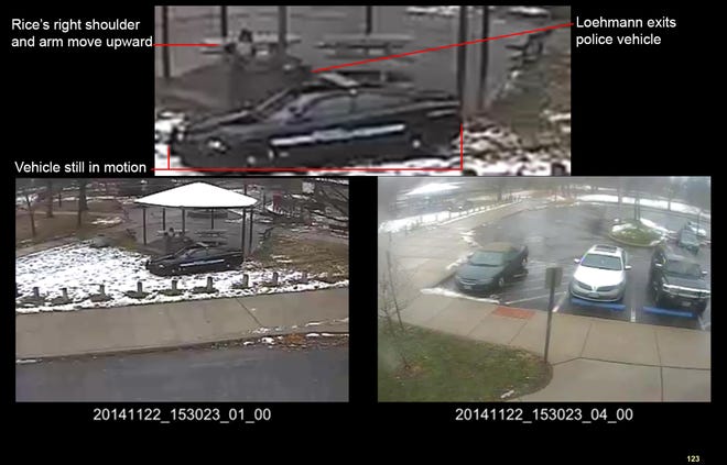 This combination of still images taken from a surveillance video and released Saturday, Nov. 28, 2015, by the Cuyahoga County Prosecutor's Office, shows Cleveland police officers arriving at Cudell Park on a report of a man with a gun. Twelve-year-old Tamir Rice was fatally shot by Cleveland police officer Timothy Loehmann, Nov. 22, 2014, after he reportedly pulled a replica gun at the city park. The enhancement by a California video expert will be presented to a grand jury that will decide if then-rookie patrolman Loehmann or his training officer should be charged criminally for Loehmann killing Rice. (Cuyahoga County Prosecutor's Office via AP)
