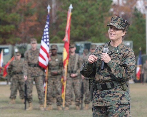 Lt. Col. Lauren S. Edwards assumes command of the 8th Engineer Support Battalion, 2nd Marine Logistics Group, during change of command ceremony on Camp Lejeune Monday morning November 30, 2015. Edwards is the first woman to command an engineer support battalion in Marine Corps history. Photo by John Althouse/The Daily News