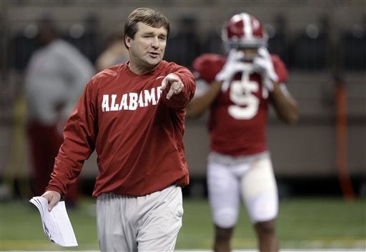 Alabama defensive coordinator Kirby Smart directs a drill during NCAA college football practice at the Mercedes-Benz Superdome in New Orleans, La., Sunday, Dec. 28, 2014. Alabama is scheduled to play Ohio State in the Sugar Bowl on Jan. 1, 2015. (AP Photo/Gerald Herbert)