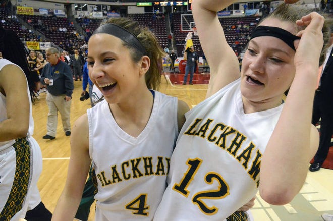 Blackhawk's Madison Amalia and Breanna Hoover celebrate after winning the PIAA championship last season.