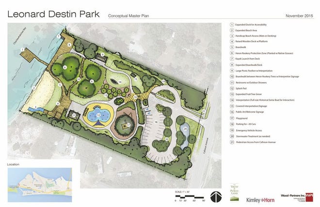 This rendering shows what features the proposed Leonard Destin Park will offer visitors along Calhoun Avenue.