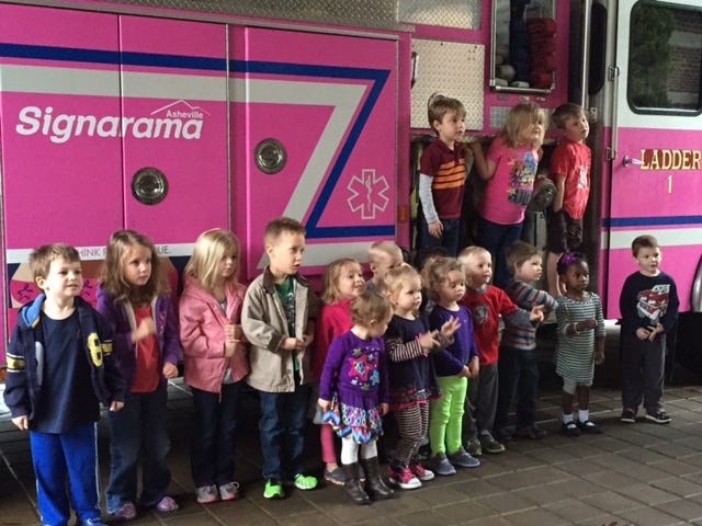 The Hendersonville Fire Department visited Trinity Preschool in October to show the young children fire equipment and talk about fire safety. The children were amazed at all the gear a firefighter wears and loved the big fire truck covered in pink in recognition of Breast Cancer Awareness Month. Trinity Preschool, at 900 Blythe St., Hendersonville, welcomes children ages 2 to 5 years in preschool and transitional kindergarten classes. For information, call Peggy Hunnicutt at 828-696-4110 or see preschool@trinitypresnc.org. PHOTO PROVIDED