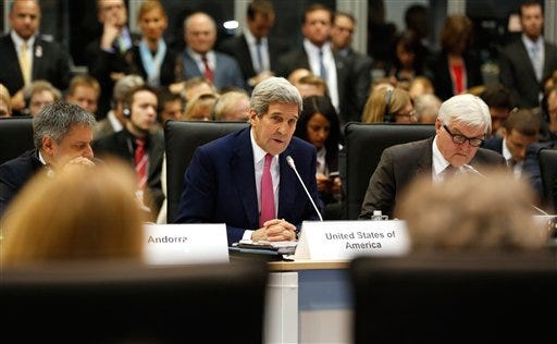 Secretary of State John Kerry talks during the OSCE Ministerial Council meeting in Belgrade, Serbia, on Thursday, Dec. 3.