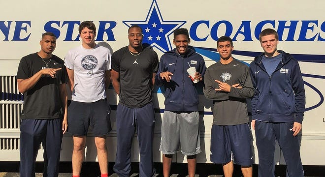 From left, Ronnel Jordan, Tanner Leissner, Jacoby Armstrong, Jaleen Smith, Daniel Dion and Andrew Dotson are back in their home state of Texas for two games as the University of New Hampshire men's basketball team makes a historic roadtrip.