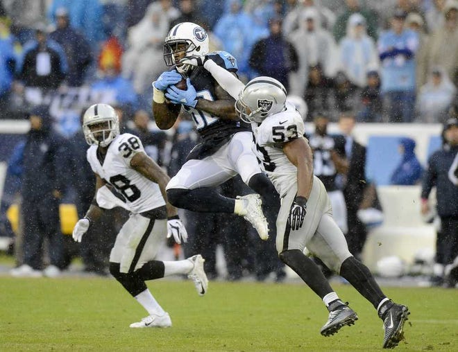 Mark Zaleski Associated Press Titans tight end Delanie Walker catches a pass between Raiders defenders T.J. Carrie (38) and Malcolm Smith in the second half of last Sunday's game in Nashville, Tenn.