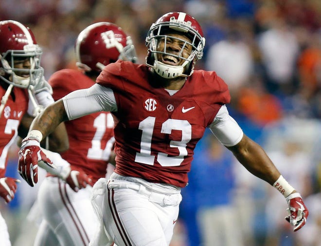 Alabama wide receiver ArDarius Stewart (13) celebrates his touchdown alongside Alabama wide receiver Cam Sims (7) and Alabama running back Kenyan Drake (17) during the third quarter of the SEC Championship game against Florida in the Georgia Dome in Atlanta Saturday, Dec. 5, 2015. staff photo | Michelle Lepianka Carter