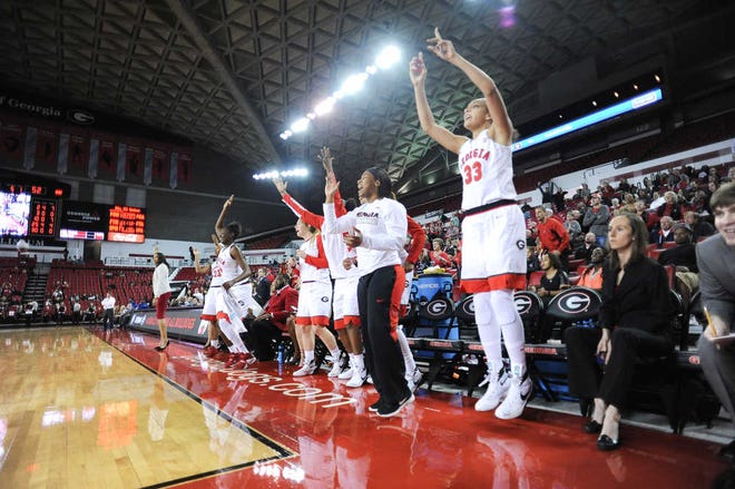 Georgia players celebrate during the Lady Bulldogs' game with the Seton Hall Pirates at the Stegeman Coliseum on Sunday, December 6th, 2015 in Athens, Ga. (Photo by Sean Taylor)