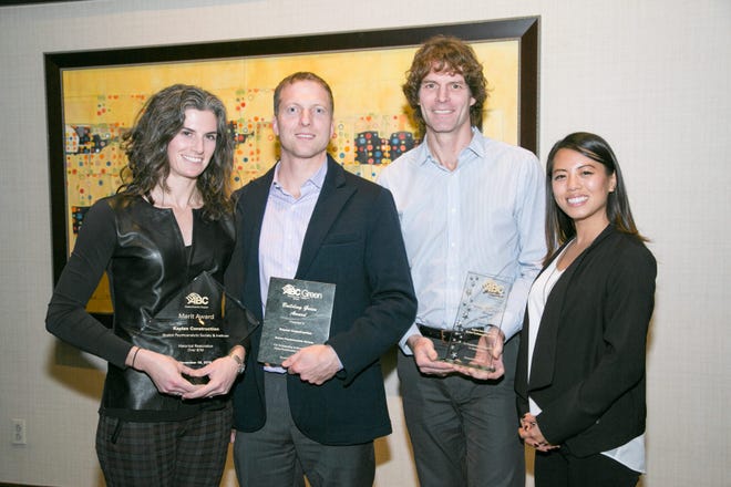 Jane Kaplan Peck, Nate Peck, Wright Dickinson and Melissa Bullock from Kaplan Construction accept three Excellence in Construction Awards from the Massachusetts Chapter of the Associated Builders and Contractors. Courtesy Photo / David Fox