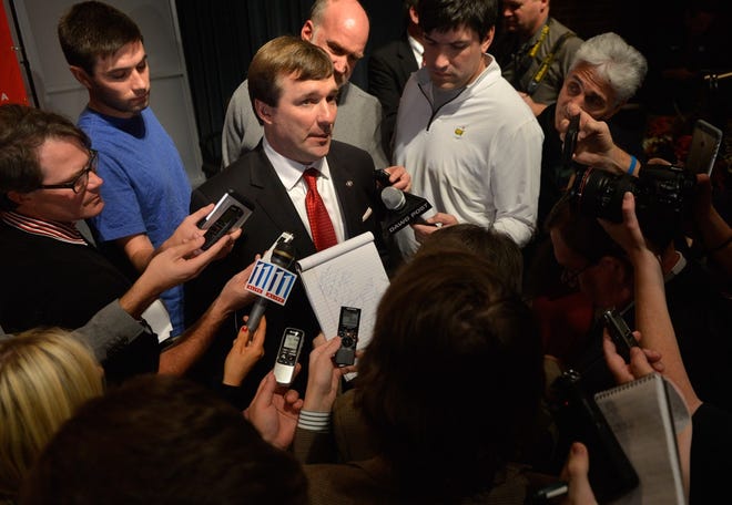 Kirby Smart speeks to members of the press following a press conference naming him the new Head Coach of the Georgia football team at the Georgia Center on Monday, Dec. 7, 2015 in Athens, Ga. 
(Richard Hamm/Staff) OnlineAthens / Athens Banner-Herald