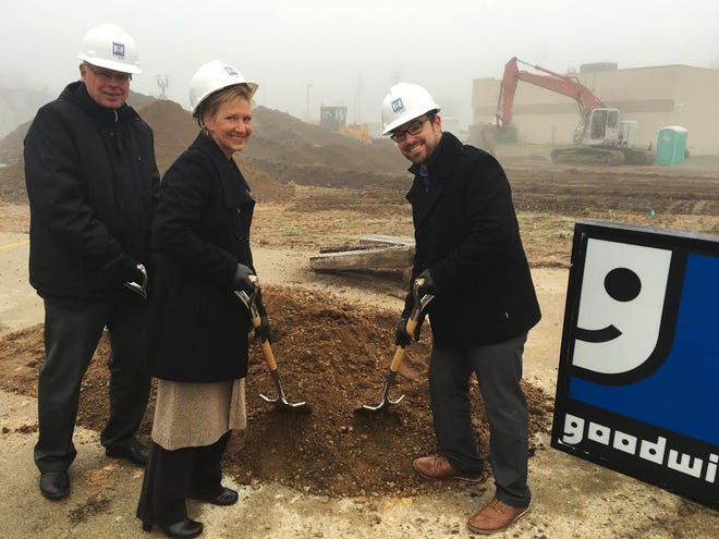 (Left to right) Goodwill of Greater Grand Rapids Chief Operations Officer Dave Brinza, Portland Store Manager Amy Weaver and Vice President of Donations Nick Carlson dig in at the site of the new Goodwill store in Portland. Monday was the groundbreaking of the 8,000 square-foot-store. 

Nicholas Grenke / Ionia Sentinel-Standard