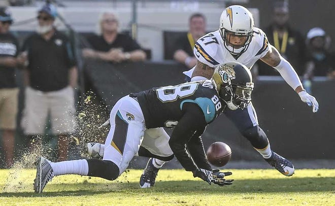 Gary McCullough for The Times-Union Jaguars wide receiver Allen Hurns (left) is injured attempting to catch a pass, defended by Chargers strong safety Jimmy Wilson during the second half at EverBank Field on Nov. 29.