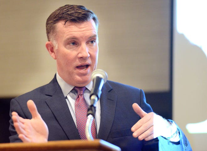 Pennsylvania Turnpike CEO Mark Compton addresses the Lower Bucks County Chamber of Commerce about the Pennsylvania Turnpike/I-95 link construction and cashless tolls Thursday, Dec. 10, 2015, at the Sheraton Bucks County in Falls.