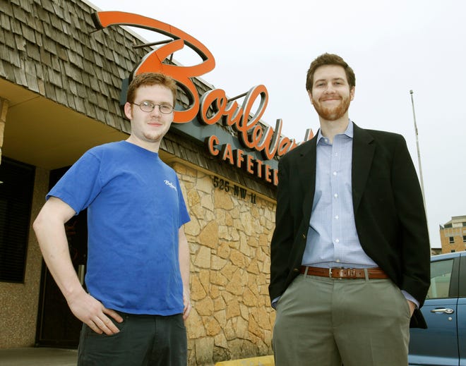 Stewart (left) and Harrison Schroer are owners of the Boulevard Cafeteria, which closes today. [By Paul Hellstern, The Oklahoman]