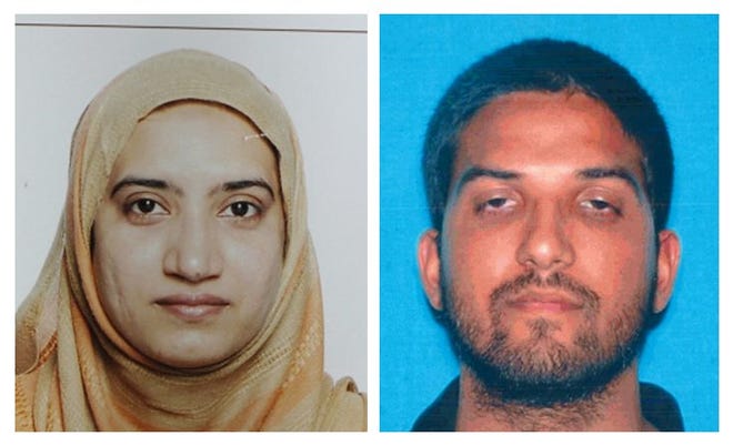 This undated combination of file photos provided by the FBI, left, and the California Department of Motor Vehicles shows Tashfeen Malik, left, and Syed Farook. The husband and wife died in a fierce gunbattle with authorities several hours after their commando-style assault on a gathering of Farook's colleagues from San Bernardino, Calif., County's health department Wednesday, Dec. 2, 2015. (FBI, left, and California Department of Motor Vehicles via AP, File)