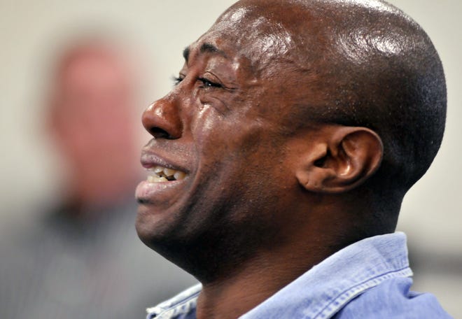 Marvin Cathey breaks down in tears during his hearing Sept. 1 before the state Parole Board in Natick. T&G File Photo/Paul Kapteyn