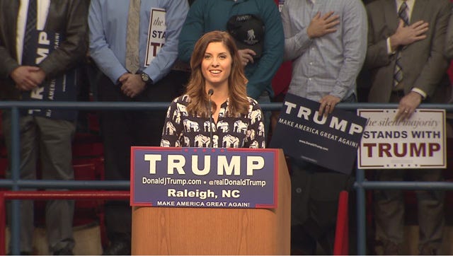 Briley Hussey sings the National Anthem at a Donald Trump campaign rally in Raleigh last week.