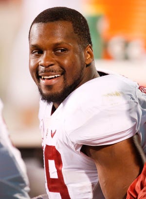 Alabama linebacker (19) Reggie Ragland is all smiles on the bench late in Alabama's 31-6 win over Mississippi State in Davis Wade Stadium in Starkville Saturday. Staff Photo | Gary Cosby Jr.
