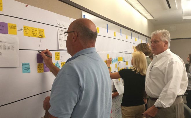 North Canton City Schools Data Manager Paul McIntyre and Superintendent Michael Hartenstein map out a process during one of their Lean classes last June.