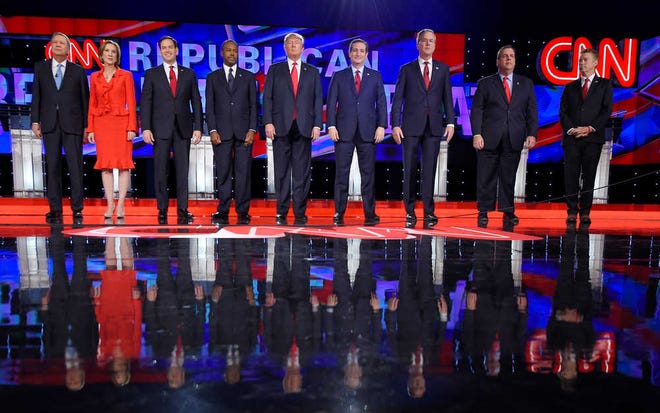 Mark J. Terrill/The Associated PressRepublican presidential candidates, from left, John Kasich, Carly Fiorina, Marco Rubio, Ben Carson, Donald Trump, Ted Cruz, Jeb Bush, Chris Christie and Rand Paul take the stage on Tuesday during the CNN Republican presidential debate at the Venetian Hotel & Casino in Las Vegas.