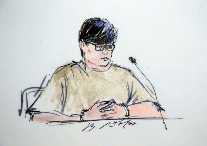 In this courtroom sketch, Enrique Marquez appears in federal court in Riverside, Calif., Thursday. The Associated Press