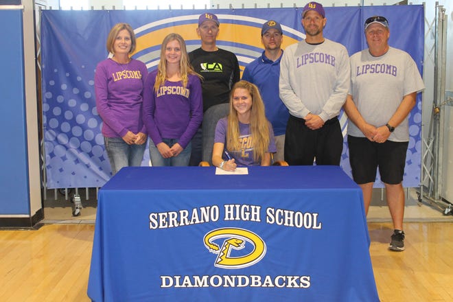 Serrano's Courtney Brenner, front. From left to right, her mom Kristy Brenner, sister Julia Brenner, coach Joe Heim , coach Josh Sullivan, dad Steve Brenner, and head coach Ken Quinn. (Submitted Photo)