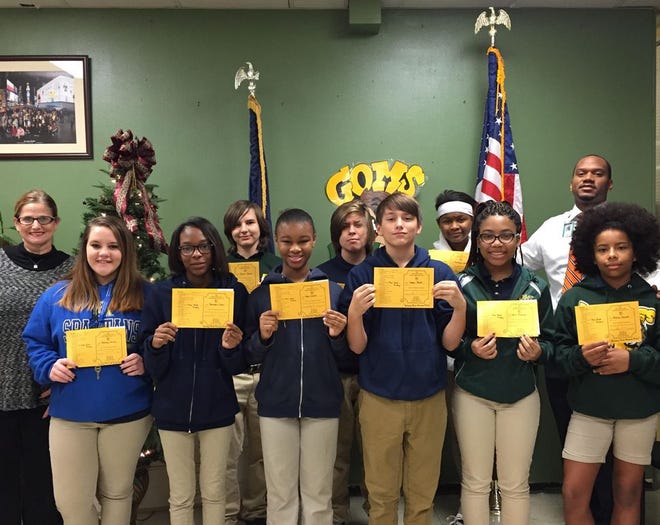 front row left to right:  Principal Lori Charlet, Mallory Walley, Keiondra Dyson, Asia Lomas, Logan Sheets, Erin Fleming and Ashlyn Bennett
Back row left to right:  Carson Butler, Joshua Abrams, Donnalynn Smith and Assistant Principal Chazz Watson (Not pictured:  Williams Harris, Alex Vallacchi and Denae' Freeman)