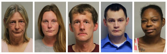 From left are Kathleen Dickenson, 55; Kelly Cook, 45; Jeffrey Argerow, 46; James Read, 35; and Carolyn Johnson, 32, all of Portsmouth. (Portsmouth police photos)