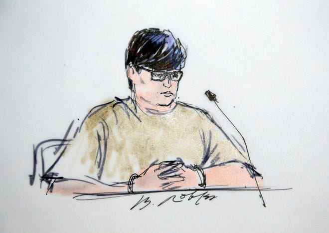In this courtroom sketch, Enrique Marquez appears in federal court in Riverside, Calif., Thursday, Dec. 17, 2015. Marquez, 24, was charged Thursday with conspiring to provide material support to terrorists for plotting with gunman Syed Rizwan Farook to launch attacks in 2011 and 2012 at a community college and congested freeway at rush hour that they never carried out.(AP Photo/Bill Robles)