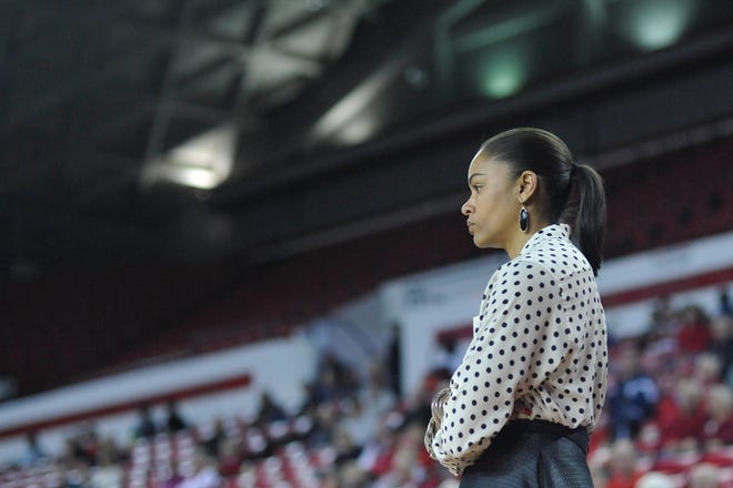 Georgia head coach Joni Taylor watches the game from the sideline during an NCAA college women's basketball game between Georgia and Furman on Tuesday, Dec. 8, 2015, in Athens, Ga. (AJ Reynolds/Staff, @ajreynoldsphoto)