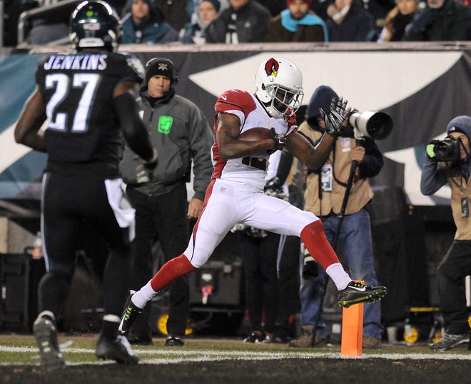 Cardinals wide receiver John Brown (12) scores a touchdown during the third quarter of their game against the Eagles at Lincoln Financial Field on Sunday, Dec. 20, 2015. The Eagles lost 40-17.