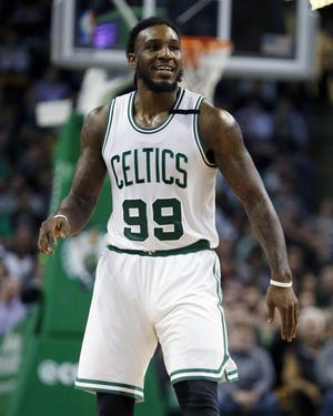 Jae Crowder, whose leadership has not gone unnoticed in the year he has been a Celtic, reacts after scoring against the Atlanta Hawks on Friday,
