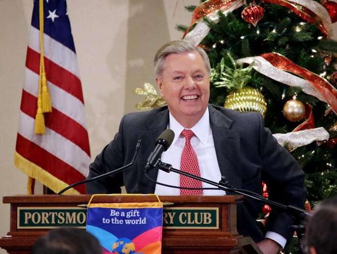 Republican presidential candidate Sen. Lindsey Graham of South Carolina jokes with members of the Portsmouth Rotary Club before a conversation with the group at the club's meeting recently. On Monday, he dropped out of the race.

Photo by Rich Beauchesne/Seacoastonline, file