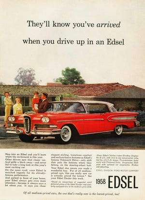 The 1958 to 1960 Edsels were commercial flops, but along with the Corvair from Chevrolet, offer potential collector car hobbyists an economical entryway into the fascinating hobby. (Advertisement complements Ford Motor Company).