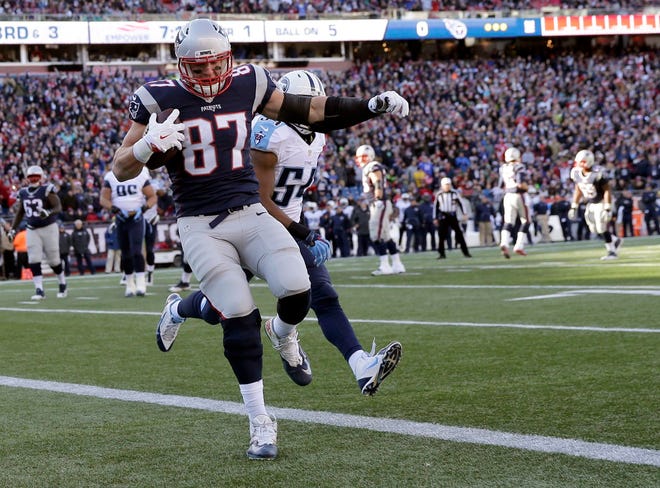 Patriots tight end Rob Gronkowski catches a touchdown pass on Sunday. The Associated Press